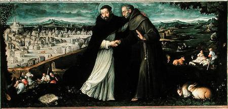 The meeting of St Francis of Assisi and St Dominic in Rome a Angiola Leone