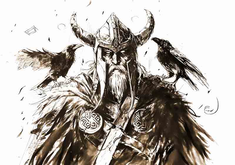  Disegno a matita di Allvater Odin, la divinità principale della mitologia norrena, in compagnia dei a Anja Frost