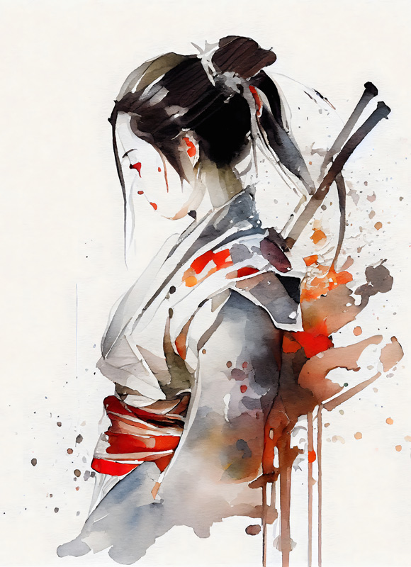 Combattente femminile giapponese della geisha con le spade del samurai. ritratto ad acquerello a Anja Frost