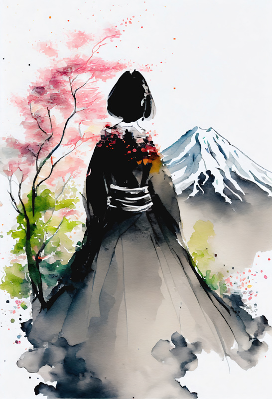  La geisha giapponese guarda il paesaggio con il Monte Fuji innevato a Anja Frost