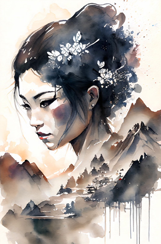 Geisha giapponese con fiori tra i capelli davanti a un paesaggio di montagna. Acquerello. a Anja Frost