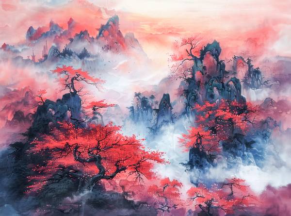 Paesaggio montano cinese in autunno. Alberi di acero rosso. a Anja Frost