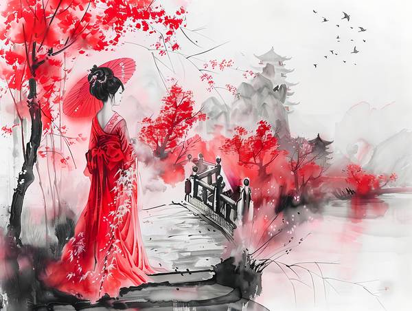 Geisha cinese vicino a un ponte al tempio. a Anja Frost
