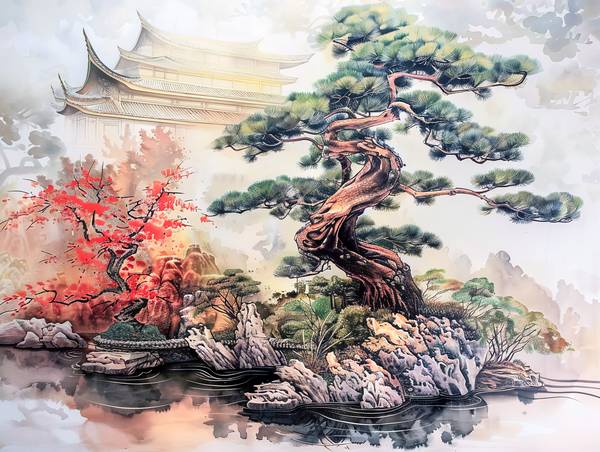 Giardino di bonsai cinese con tempio. a Anja Frost