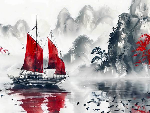 Barca cinese sul mare con le montagne a Anja Frost