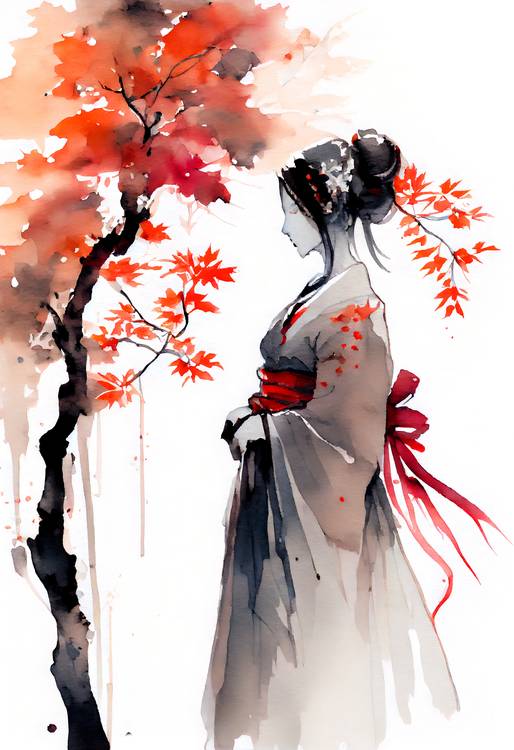 Geisha giapponese con albero di acero autunnale. acquerello a Anja Frost