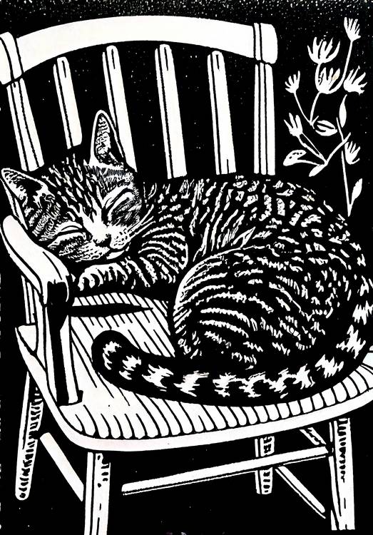  Il gatto dorme sulla sedia da giardino. linoprint a Anja Frost