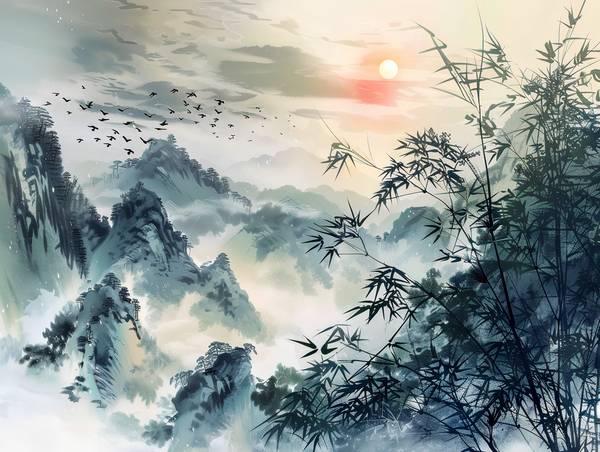 Sciame di uccelli migratori che volano sulle montagne della Cina. a Anja Frost