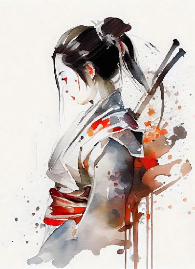 Combattente femminile giapponese della geisha con le spade del samurai. ritratto ad acquerello
