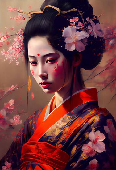 Magia dei fiori: una geisha circondata dalla bellezza floreale