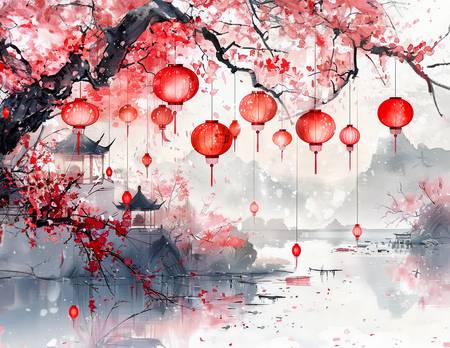 Lanterne cinesi in un albero di ciliegio in fiore. Complesso del tempio.