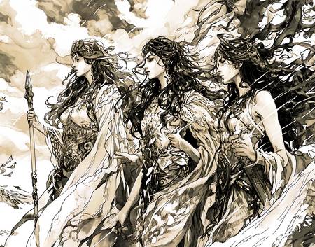 Disegno a matita delle Tre Norn, le dee del destino della mitologia norrena.