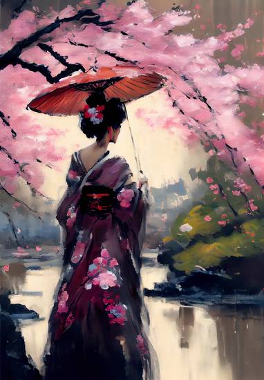 Eleganza in fiore: una geisha tra i ciliegi in fiore