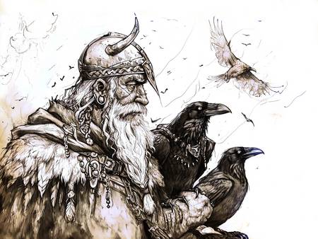 Titolo: Disegno a matita di Dio Odino con i due corvi Hugin e Munin