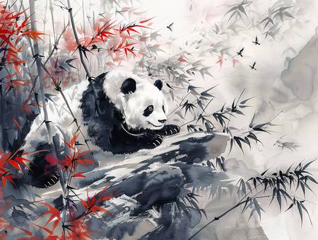 Cina. Grande panda riposa nella foresta di bambù.