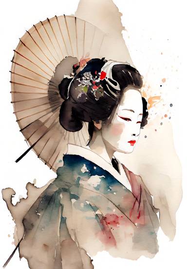 Geisha giapponese tradizionale con kimono e ombrellone. acquerello