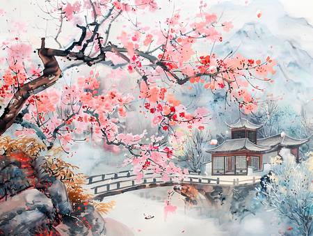 Tempo dei fiori di ciliegio in Cina con tempio e ponte sull\'acqua