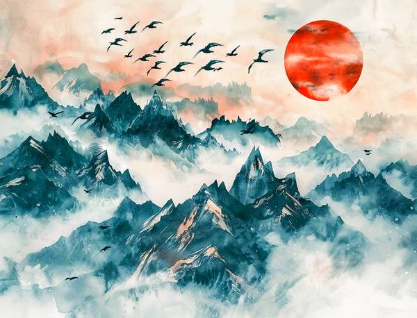 Uccelli volano sopra le montagne della Cina verso il sole rosso. a Anja Frost