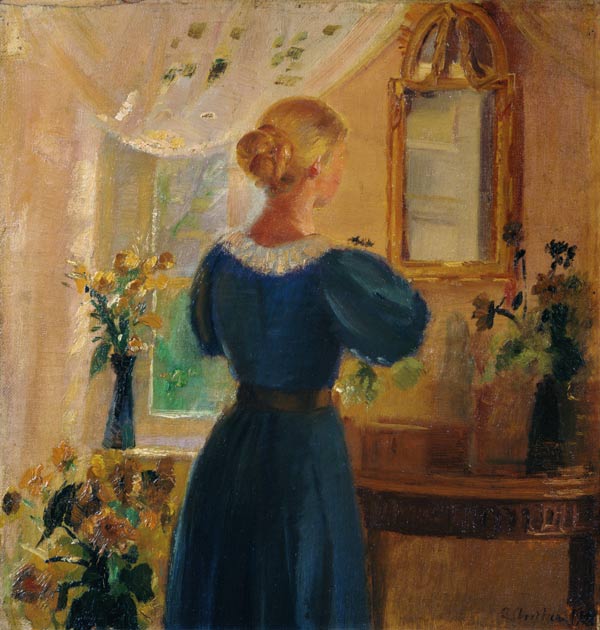 Woman in front of the mirror a Anna Ancher