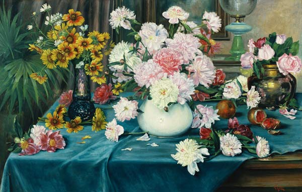 Pfingstrosen, Rosen und andere Blumen in Vasen a Anna Knittel