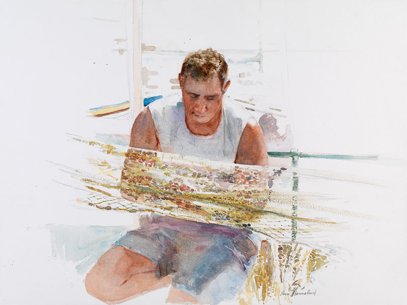 Fisherman mending net a Anne Hannaford 