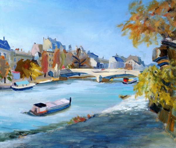 Barge sailing down the river Seine in Paris (oil on canvas)  a Anne  Durham