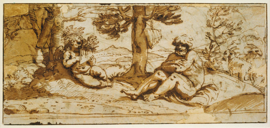 Amor, Playing the Flute, and Silen in an Arcadian Landscape a Annibale Carracci
