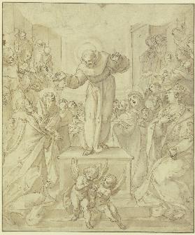Der Heilige Franziskus zeigt die Wundmale vor einer Versammlung von Heiligen