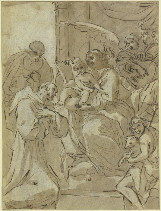 Die Madonna mit Kind zwischen Heiligen, hinter ihr musizierende Engel a Annibale Carracci
