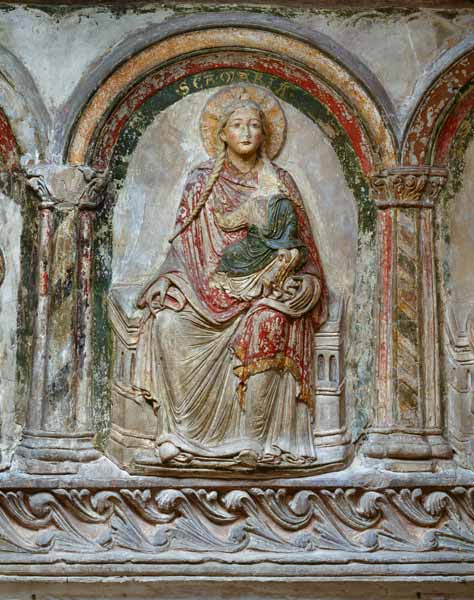 Maria mit dem Kind umgeben von 6 Aposteln (Südliche Chorschranke), Detail: Maria. Ende 12. Jh. a Anonym Romanisch