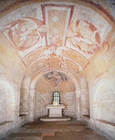 The Crypt, from the earlier church of 1030, with frescoes of Christ on a white horse surrounded by a a Anonym Romanisch