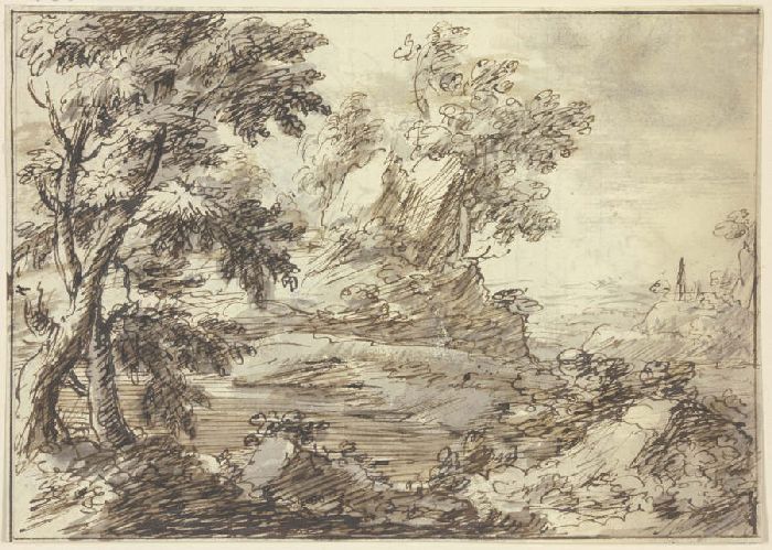 Bäume, im Vordergrund ein Fluss und Figuren, von denen eine in einem Boot steht a Anonym