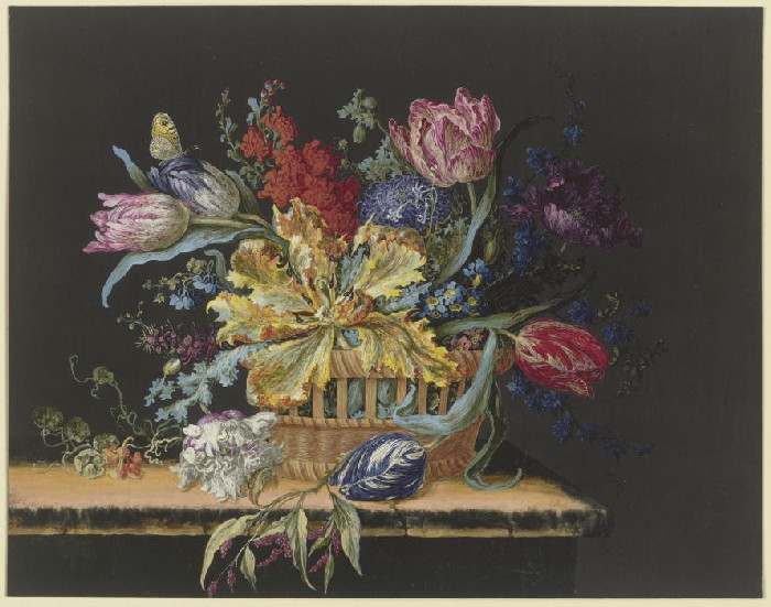 Blumenkorb mit Tulpen, Levkojen, Rittersporn und anderen Blumen auf einem Tisch a Anonym