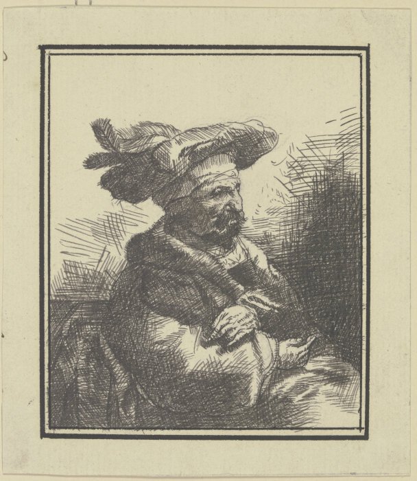 Ein Mann im Pelzrock und Federhut, sitzend, im Profil nach rechts a Anonym