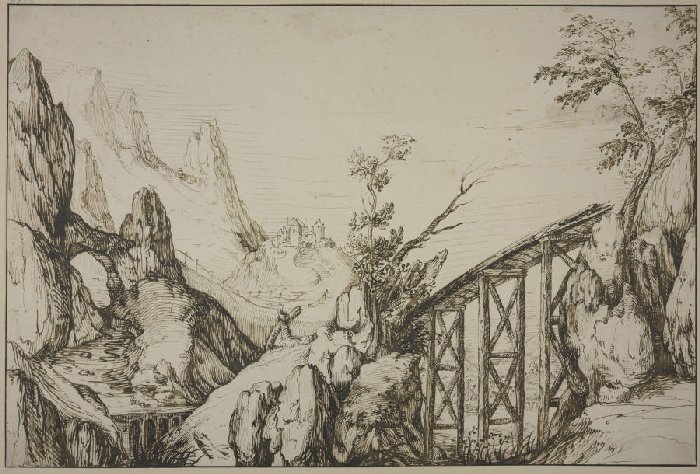 Felsige Landschaft, rechts eine steile Holzbrücke a Anonym