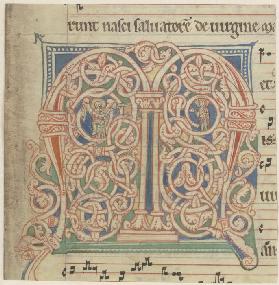 Initial M, Ornament mit Verkündigung an Maria (verso Textfragment)