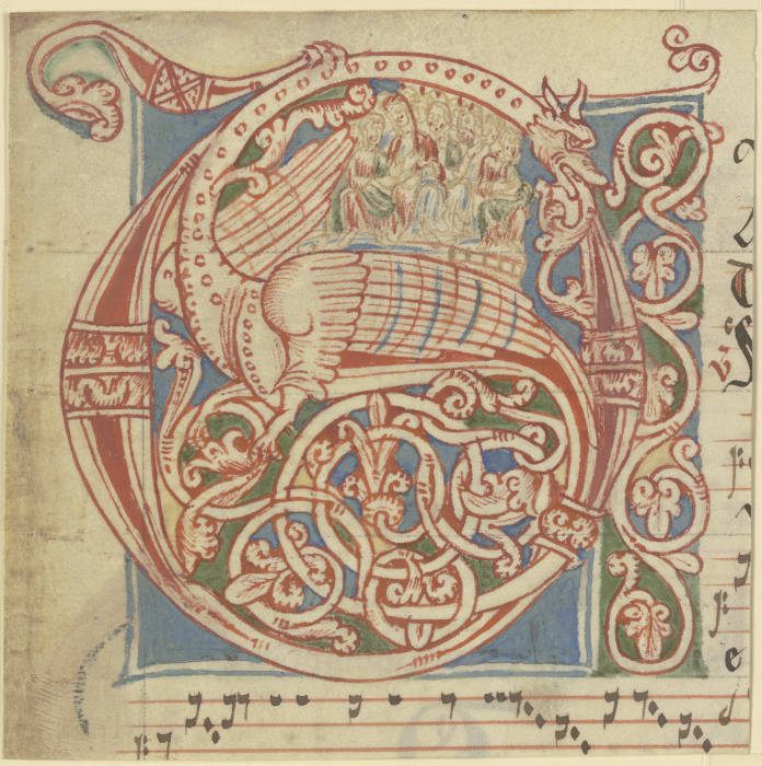 Initiale C oder G, Ornament mit geflügltem Drachen (verso Textfragment) a Anonym