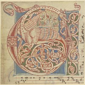 Initiale C oder G, Ornament mit geflügltem Drachen (verso Textfragment)