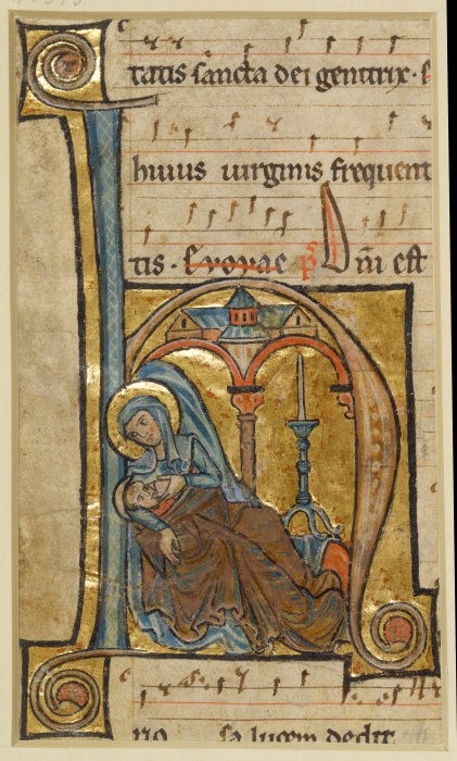 Initiale H: Maria gibt dem Jesuskind die Brust a Anonym