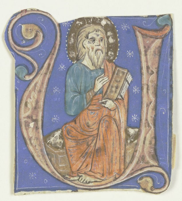 Initiale U: Darin ein nimbierter bärtiger Mann mit Codex (verso Textfragment) a Anonym