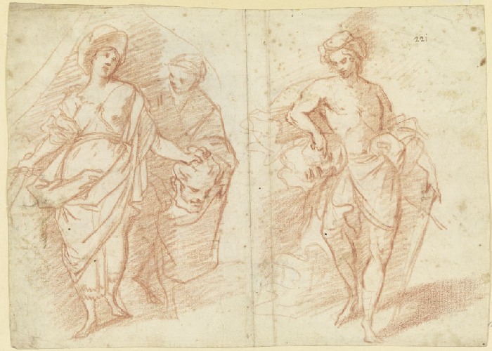 Links Judith mit dem Haupt des Holofernes, rechts David mit dem Haupt des Goliath a Anonym