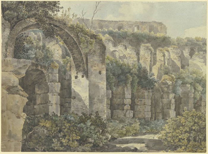 Römische Ruinen mit großem Bogen und hohen Mauern, von Pflanzen überwuchert a Anonym