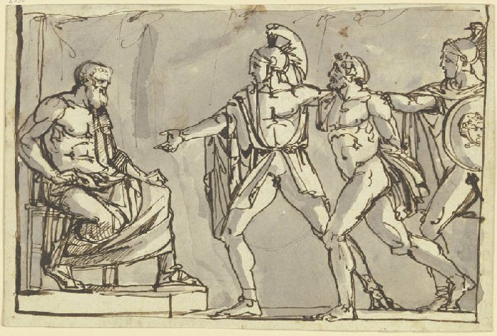 Szene aus der griechischen oder römischen Sage: Ein Gefangener wird von zwei Kriegern dem König vorg a Anonym