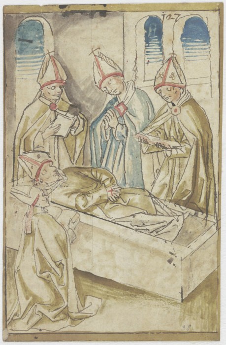 Vier Geistliche, betend um einen Sarg stehend (Der Tod des Heiligen Ulrich) a Anonym