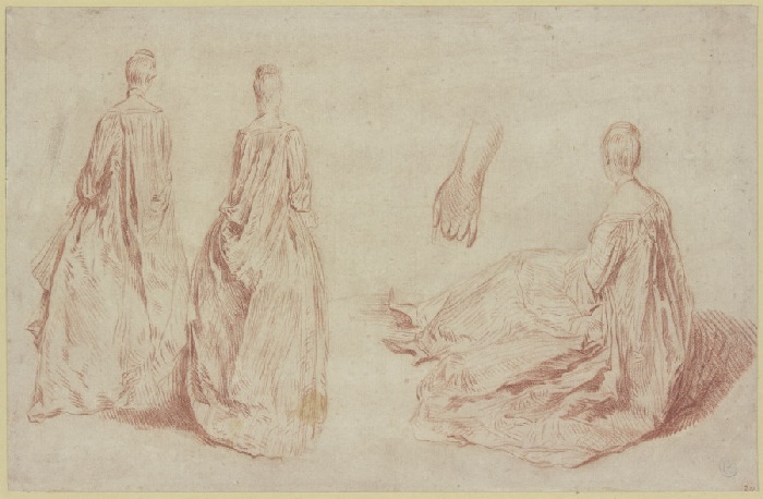 Zwei stehende Damen in Rückansicht, eine Hand und eine sitzende Dame a Anonym