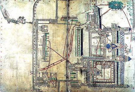 Ms R 171 f.285 Plan of Canterbury Cathedral and the plumbing system a Anonimo