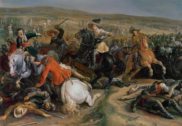 Gustavus II Adolphus, King of Sweden (1595-1632) leading a cavalry charge at the Battle of Lutzen a Anonimo