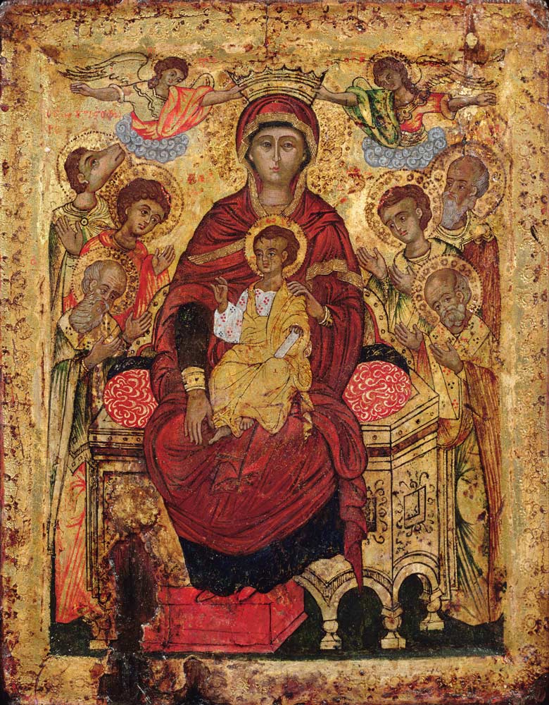 Madonna and Child enthroned with SaintsGreek Islands icon a Anonimo