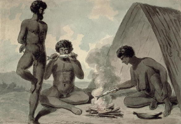 Aborigines eating fish in front of a campfire, possibly by Philip Gidley King (1758-1808) (w/c) a Anonimo