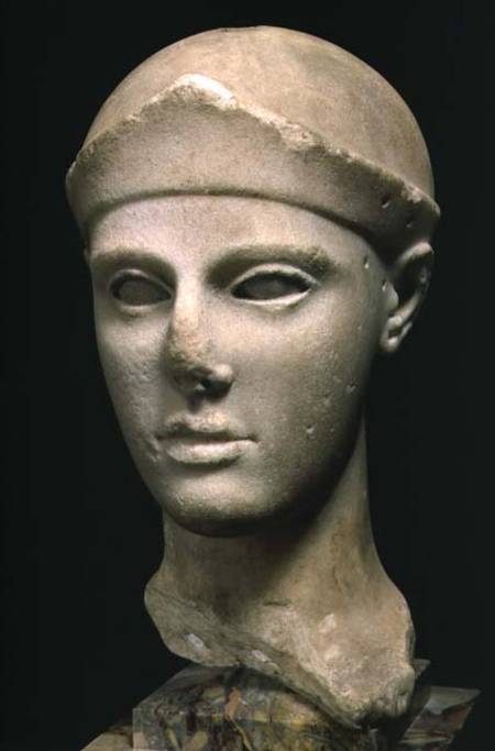 The Athena of Aegina, wearing a helmet, head of a statue, Greek,Aeginetan a Anonimo